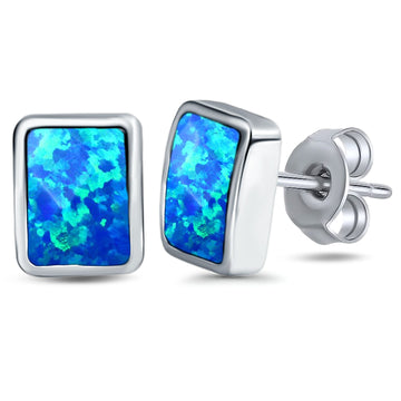 Solitaire Stud Earring Radiant Shape Lab Created Blue Opal 925 Sterling Silver (8mm)